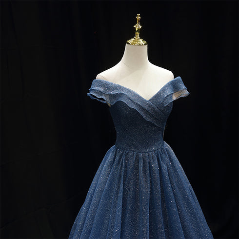 Gothic Royal Blue Tulle Ball Gown Wedding Dress - Off-Shoulder Wedding Dress - Corset Back Dress - Strapless Glitter Dress Plus Size